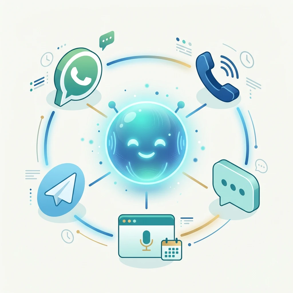 Un solo agente de voz con IA bilingüe contestando en WhatsApp, teléfono, SMS, Telegram y un widget integrado en el sitio web.