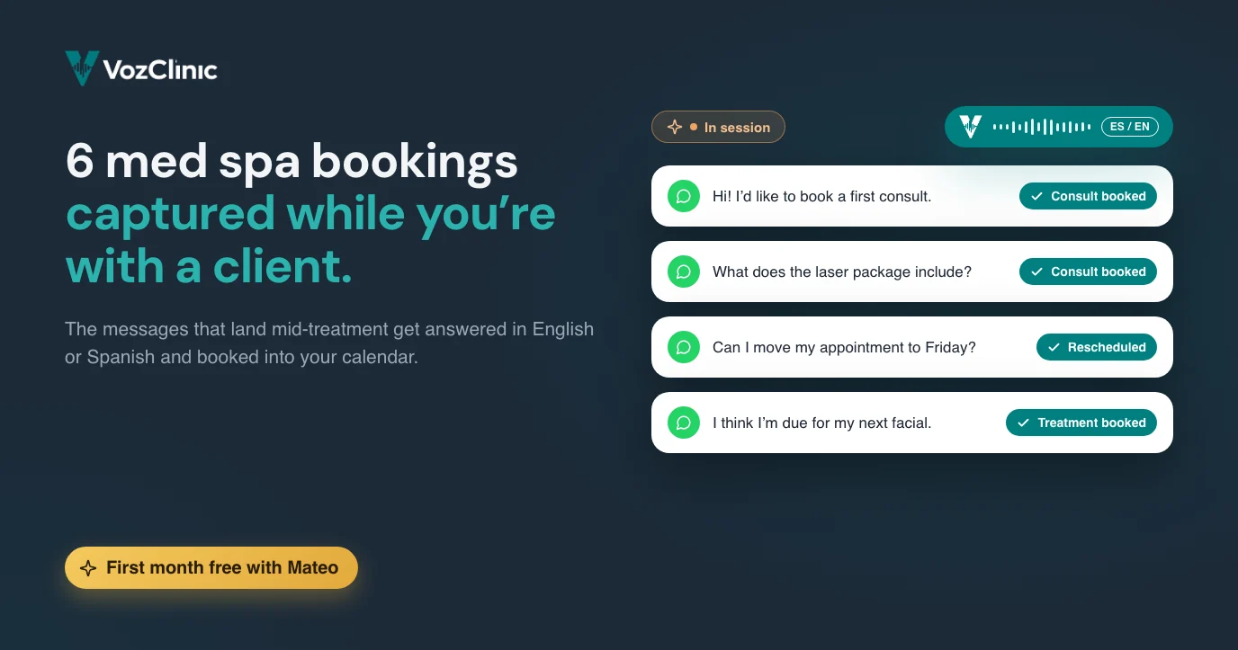 Six med spa bookings a bilingual AI voice agent captures while a provider is with a client: consult requests, package questions, after-hours inquiries, reschedules, promo replies, and repeat treatments