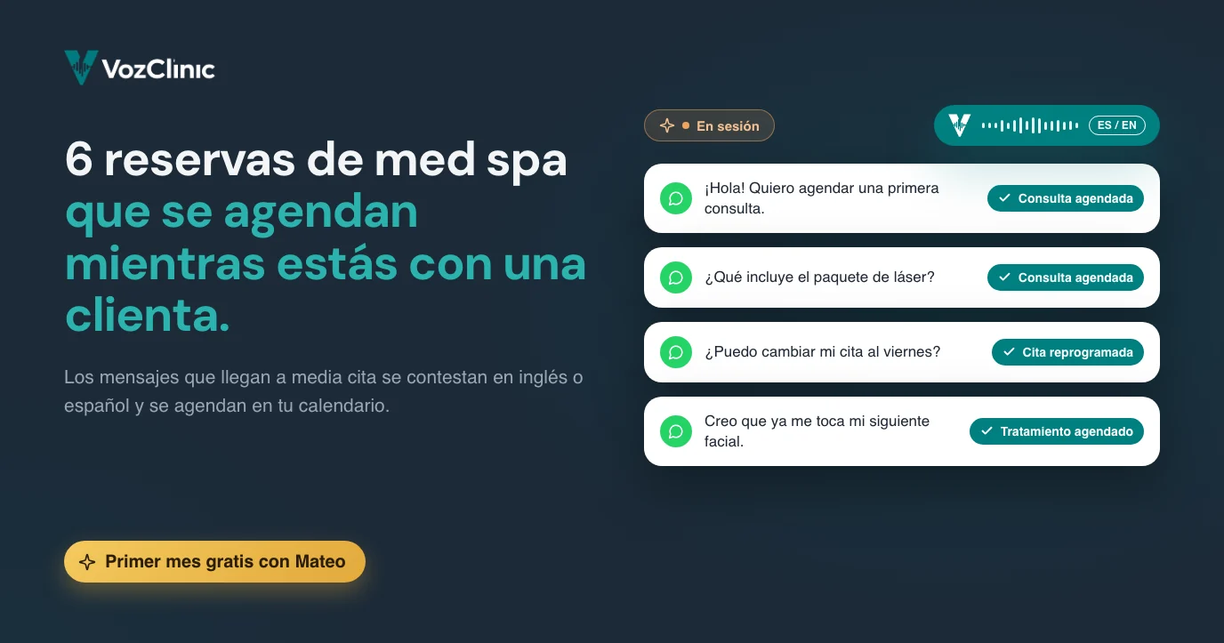 Seis reservas de med spa que un agente de voz con IA bilingüe captura mientras una especialista está con una clienta: consultas, dudas de paquetes, mensajes fuera de horario, reprogramaciones, respuestas de promociones y tratamientos de seguimiento