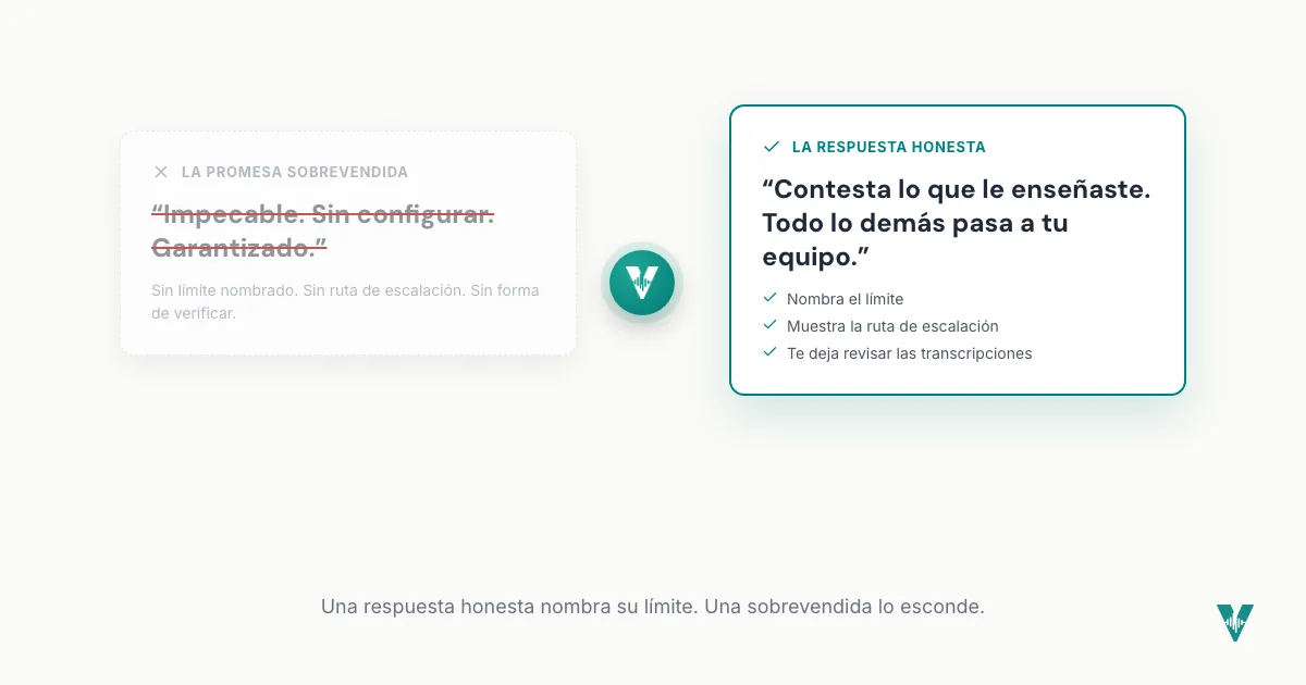 Un contraste entre una promesa sobrevendida de un agente impecable, sin configurar y garantizado, y una respuesta honesta que nombra su límite, muestra la ruta de escalación y te deja revisar las transcripciones.