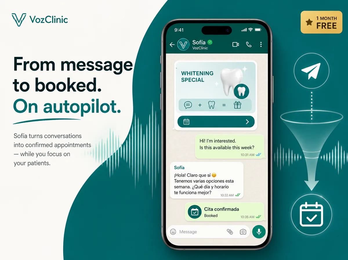 Bilingual AI voice agent sending a WhatsApp clinic promotion and booking a cross-border patient