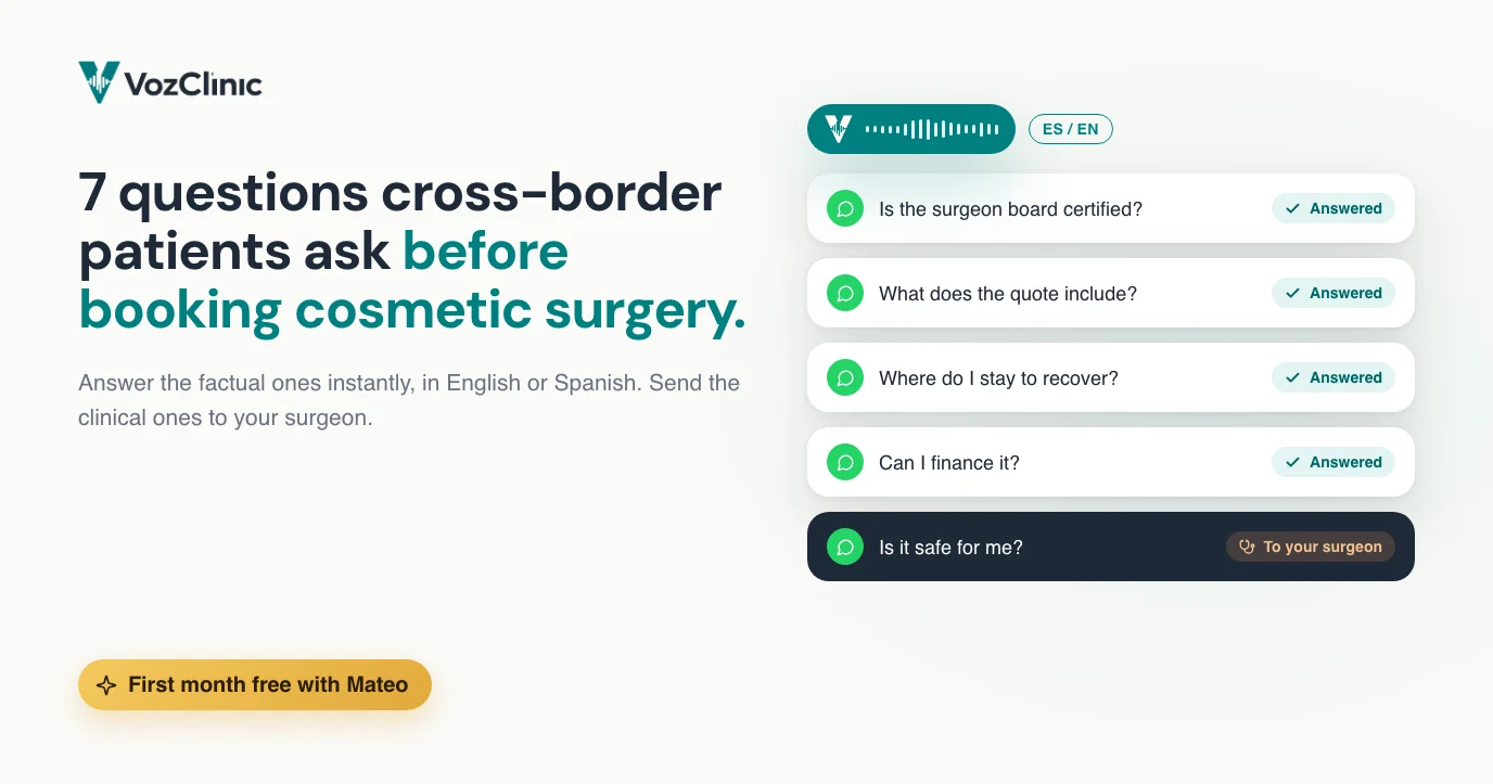 Seven questions cross-border patients ask before booking cosmetic surgery in Tijuana, shown as a bilingual WhatsApp conversation a voice agent answers instantly