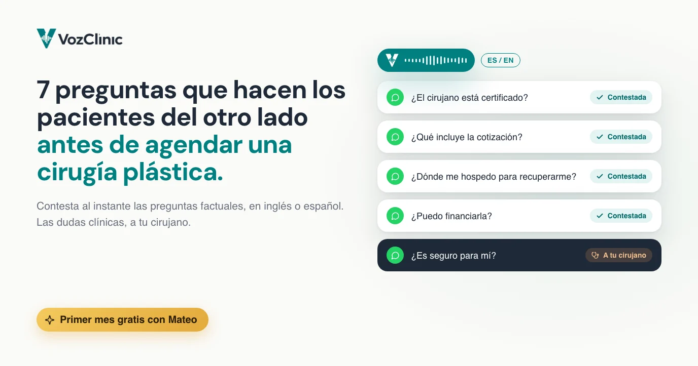Siete preguntas que hacen los pacientes del otro lado antes de agendar una cirugía plástica en Tijuana, mostradas como una conversación bilingüe de WhatsApp que un agente de voz contesta al instante