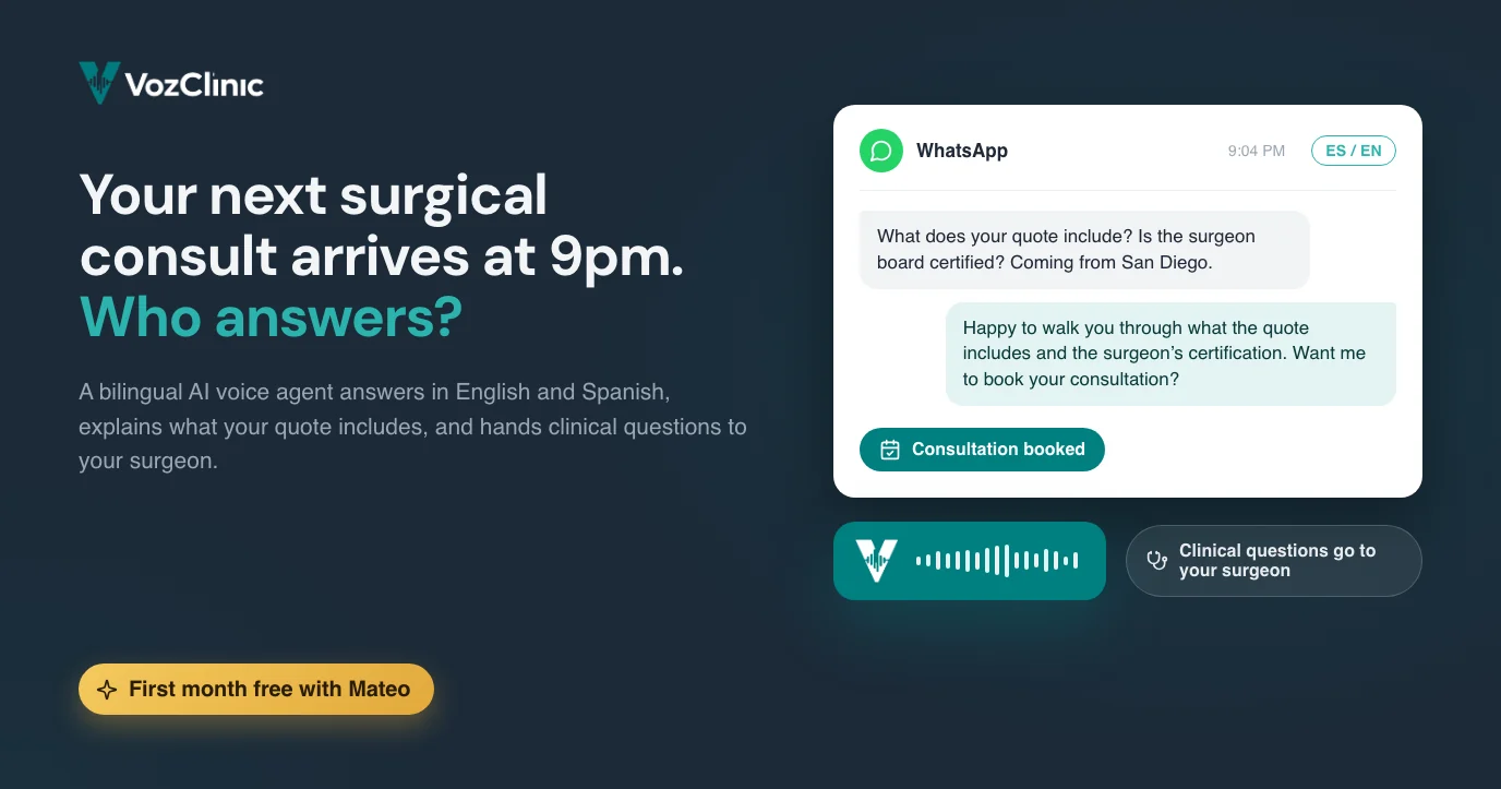 A bilingual AI voice agent answering an English and Spanish WhatsApp message for a Tijuana cosmetic surgery practice, qualifying a cross-border consult request and booking it into the surgeon's calendar