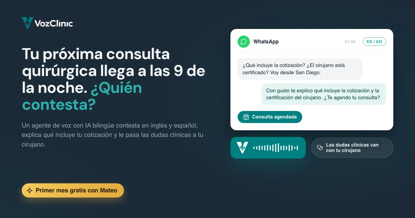 Un agente de voz con IA bilingüe contestando un mensaje de WhatsApp en inglés y español para una clínica de cirugía plástica en Tijuana, calificando una consulta de un paciente del otro lado y agendándola en el calendario del cirujano