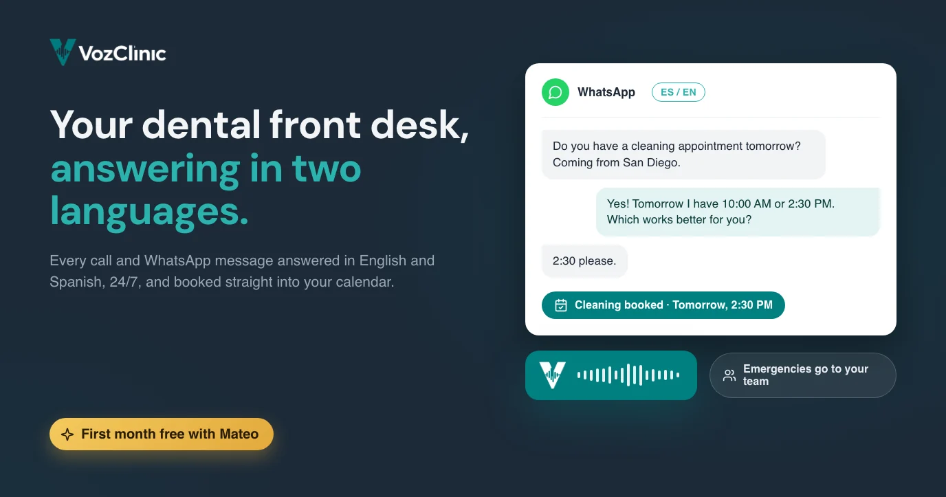 A bilingual AI voice agent answering an English and Spanish WhatsApp message for a Tijuana dental clinic and booking a cleaning into the calendar