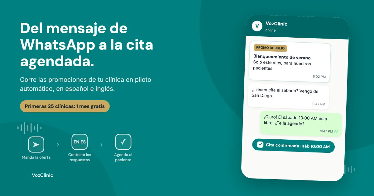 Agente de voz con IA bilingüe enviando una promoción por WhatsApp y agendando a un paciente transfronterizo