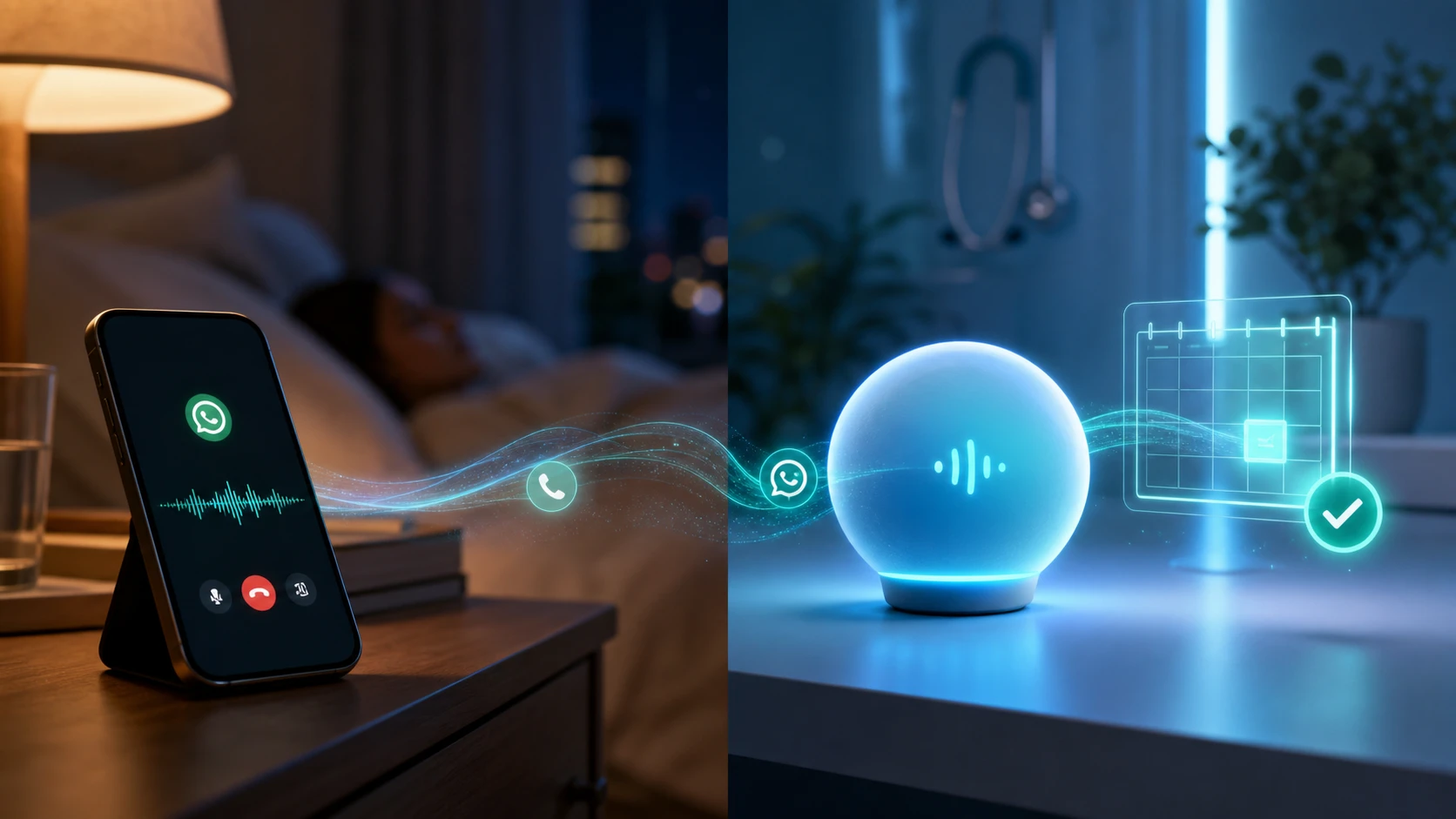 A glowing AI voice agent answering an after-hours WhatsApp call for a Tijuana medical tourism clinic