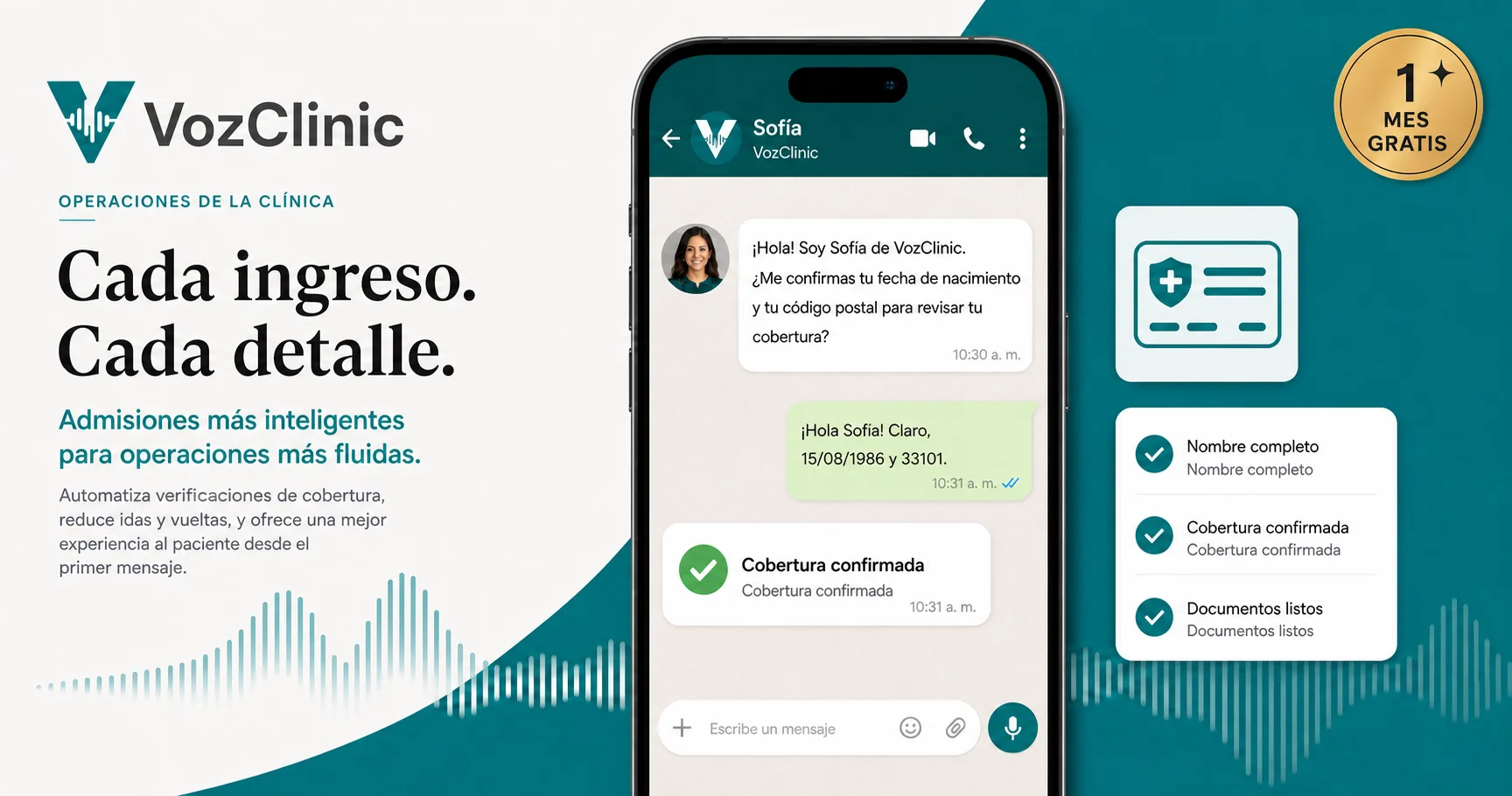 Recepcionista de IA bilingüe verificando el seguro y el ingreso de un paciente transfronterizo por WhatsApp antes de la cita