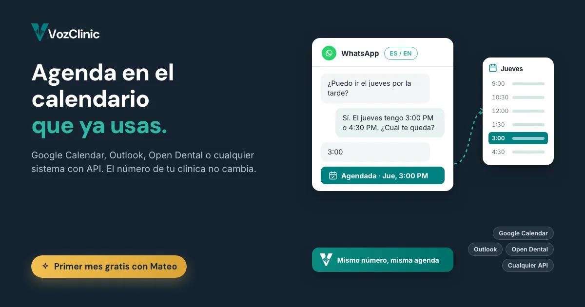 Un agente de voz con IA bilingüe agendando una cita desde una conversación de WhatsApp directo en el Google Calendar y el Open Dental de una clínica, conservando el número de teléfono actual de la clínica