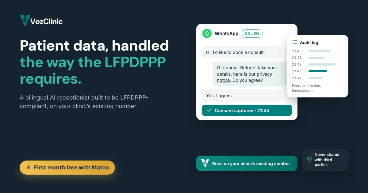 A bilingual AI voice agent capturing patient consent inside a WhatsApp conversation for a Mexican clinic, with a privacy notice and an auditable log, compliant with the LFPDPPP