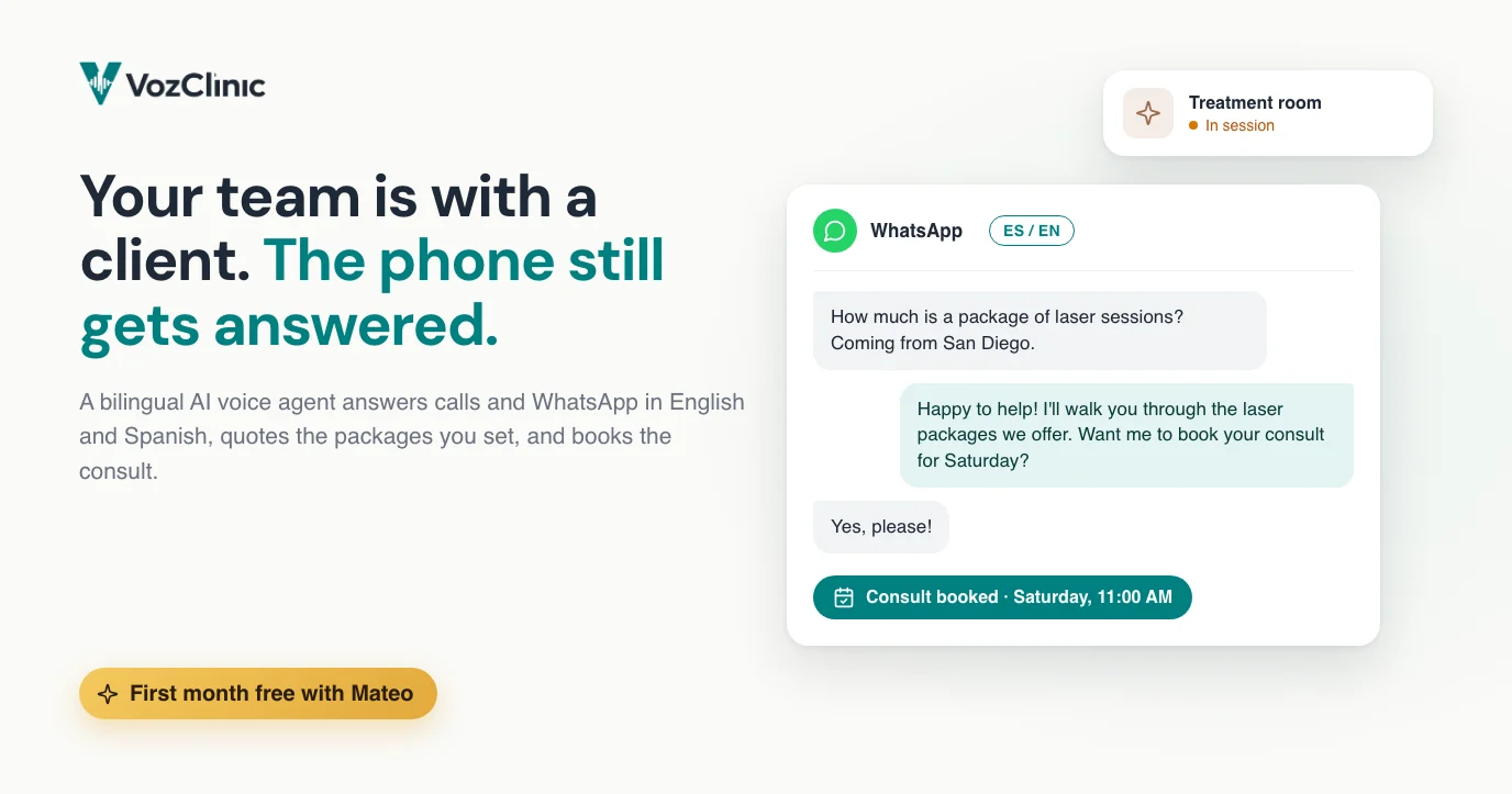A bilingual AI voice agent answering an English and Spanish WhatsApp message for a Tijuana med spa and booking a Botox consult into the calendar while the injector is with a client