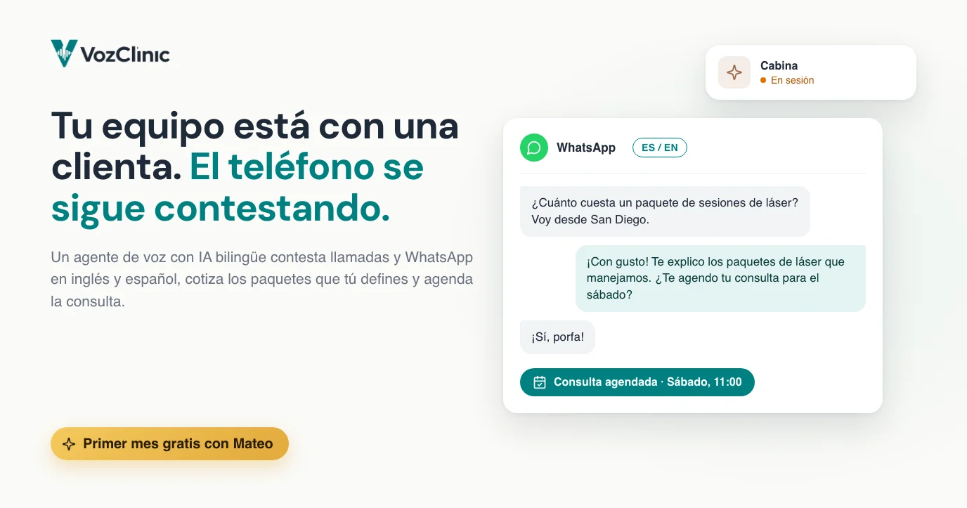 Un agente de voz con IA bilingüe contestando un mensaje de WhatsApp en inglés y español para un med spa de Tijuana y agendando una consulta de bótox mientras la especialista está con una clienta