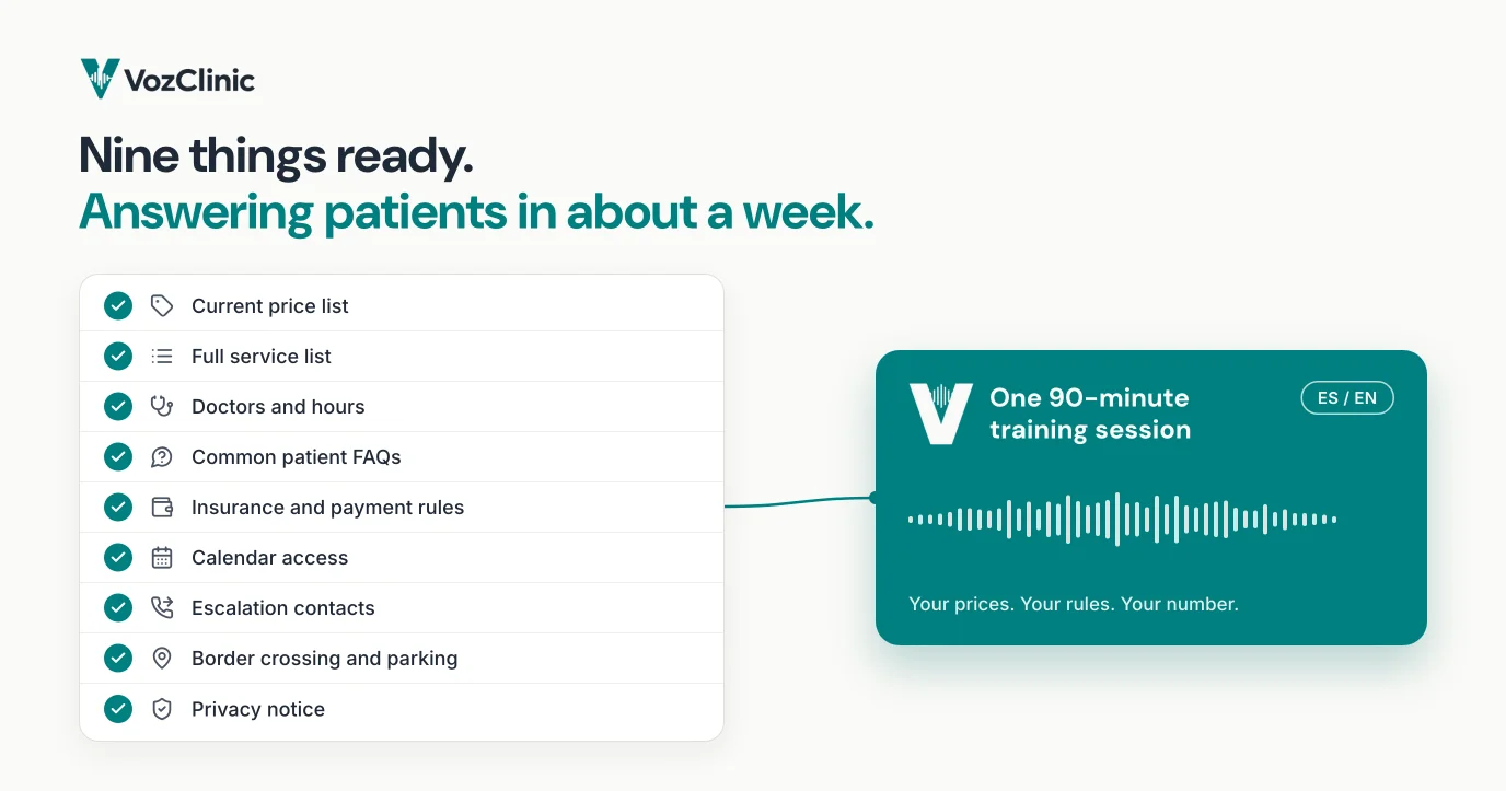 A checklist of nine items a clinic gathers before its bilingual AI voice agent goes live: prices, services, hours, FAQs, insurance rules, calendar access, escalation contacts, crossing details, and privacy notice