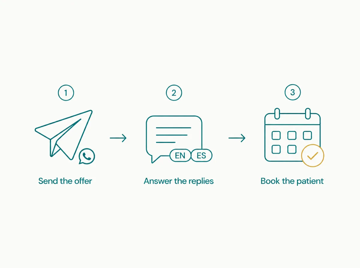 Three-step promotion funnel: send the offer on WhatsApp, answer the replies in English and Spanish, book the patient.
