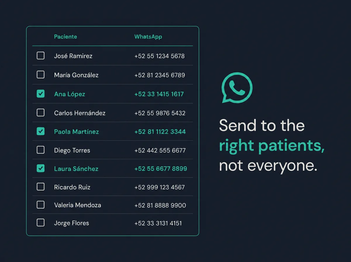 A patient list with only the targeted segment selected for a WhatsApp send: send to the right patients, not everyone.