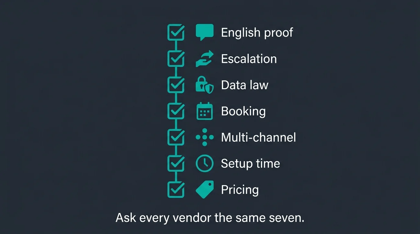 A clinic owner's vetting checklist of seven questions to ask any AI voice agent vendor before signing, from bilingual proof to data law to pricing.