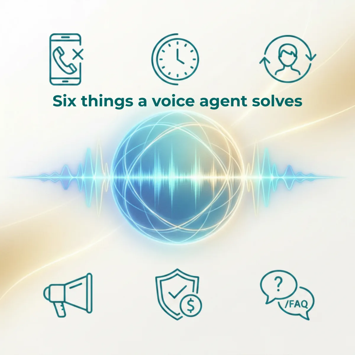 Six teal line icons for the six problems a voice agent solves: missed calls, after-hours, returning patients, promotions, insurance, and FAQs.