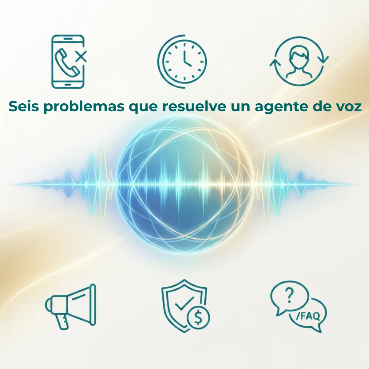 Seis iconos de línea en teal con los seis problemas que resuelve un agente de voz: llamadas perdidas, fuera de horario, pacientes que regresan, promociones, seguros y preguntas frecuentes.