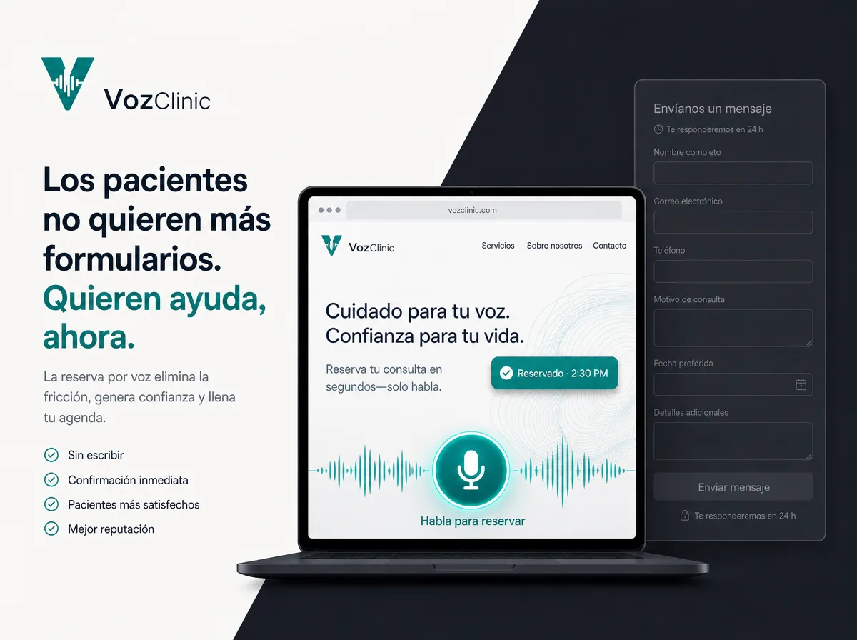 Un paciente transfronterizo agendando una cita hablando con una recepcionista con IA bilingüe integrado en el sitio de la clínica, sin formulario que llenar