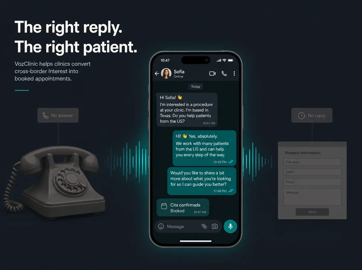 Bilingual AI receptionist answering a cross-border patient on WhatsApp, the default channel for Mexican and border clinics