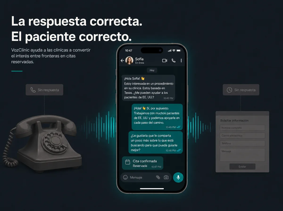 Recepcionista con IA bilingüe contestando a un paciente transfronterizo por WhatsApp, el canal por defecto de las clínicas de México y la frontera