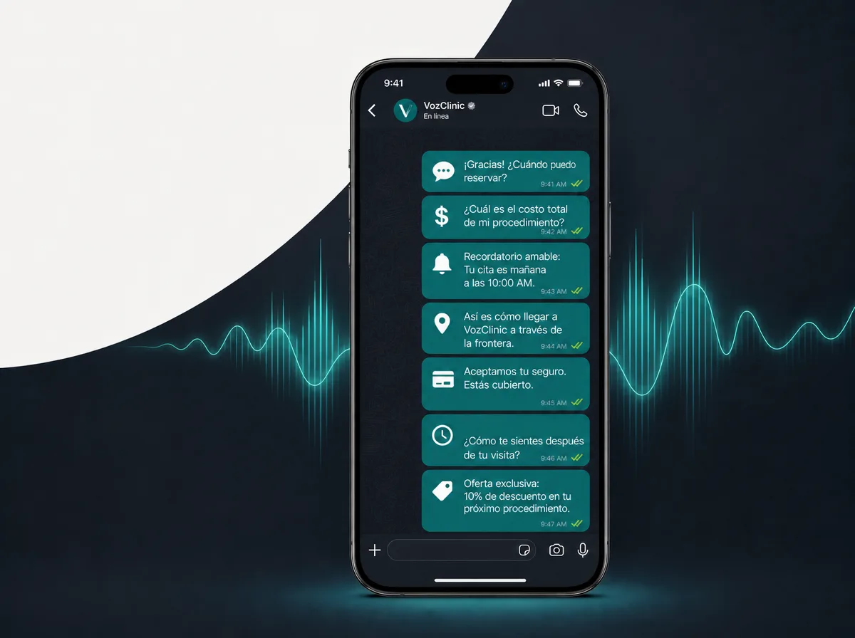 Recepcionista con IA bilingüe automatizando siete mensajes comunes de WhatsApp para una clínica de turismo médico en Tijuana